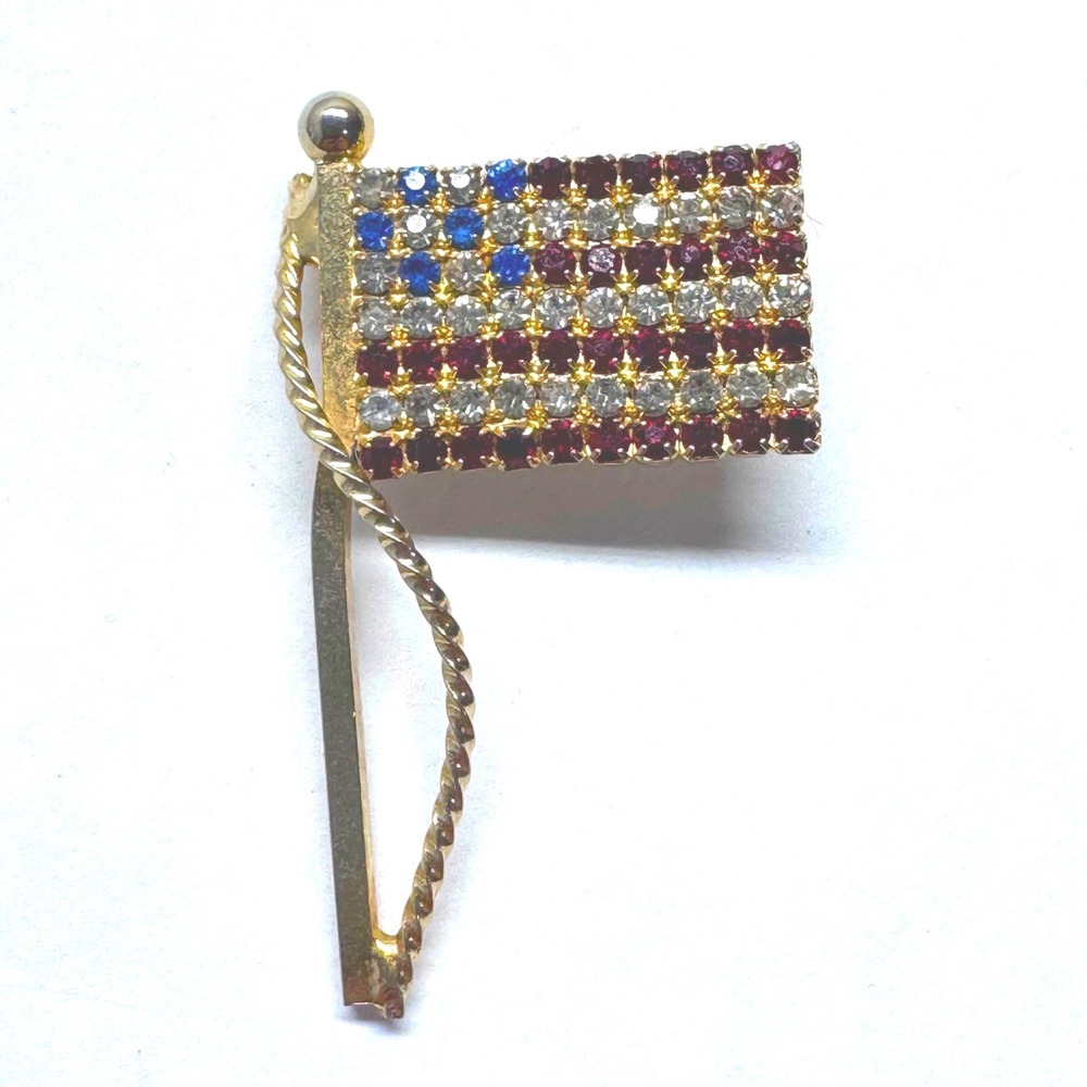 Vintage Rhinestone American‎ Flag Brooch Gold Tone Patriotic USA Pin